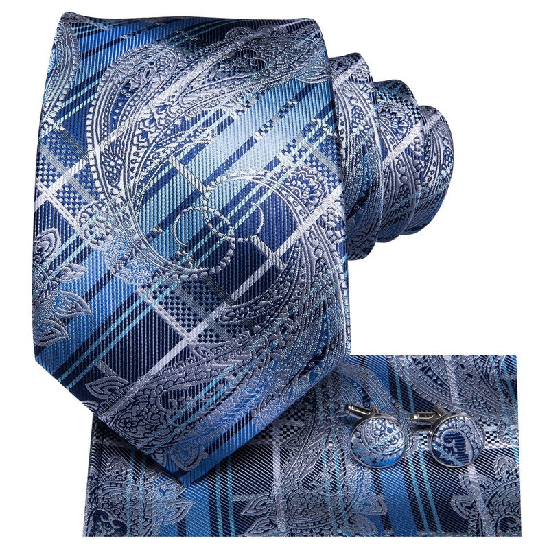 Dubulle Mens Paisley Floral Silk Tie for Men Blue Striped Necktie and Pocket Square Cufflinks Set Wedding Business - Image 4